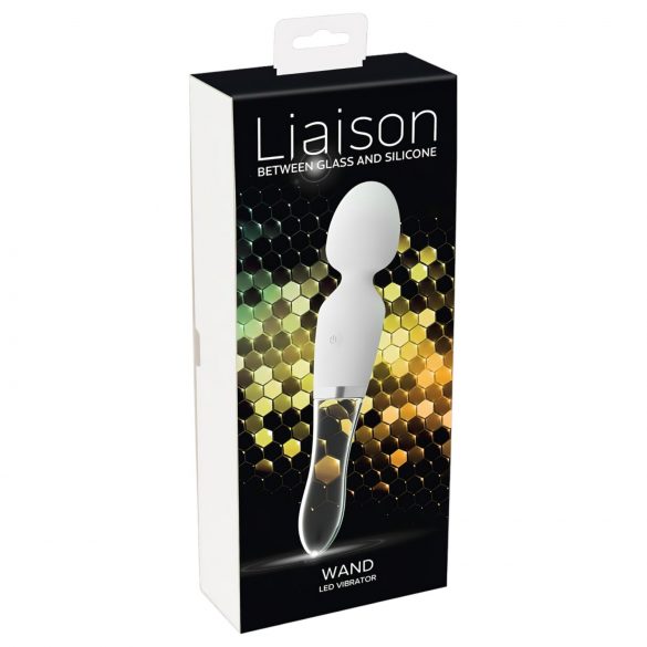 Liaison Wand - oplaadbare siliconen-glazen vibrator met LED-verlichting (transparant-wit)