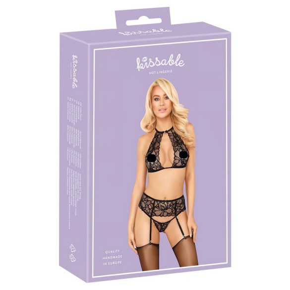 Kissable - halternek, kanten beha-set (zwart) - L/XL