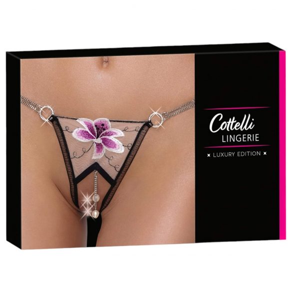 Cottelli - String de luxe brodé motif lys (noir et blanc) - M/L