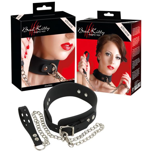 Bad Kitty - siliconen halsband met riem (zwart)