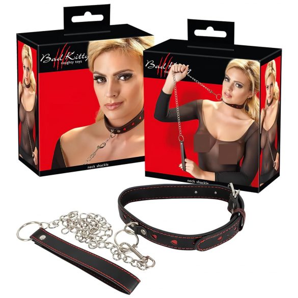 Bad Kitty - halsband met hartjes en metalen riem (zwart-rood)