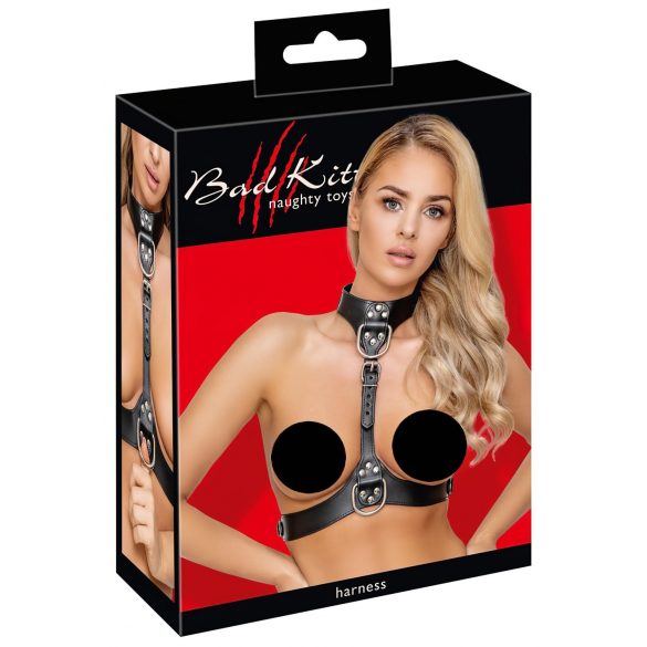 Bad Kitty - Bodyharnas met leren look en D-ringen (zwart)