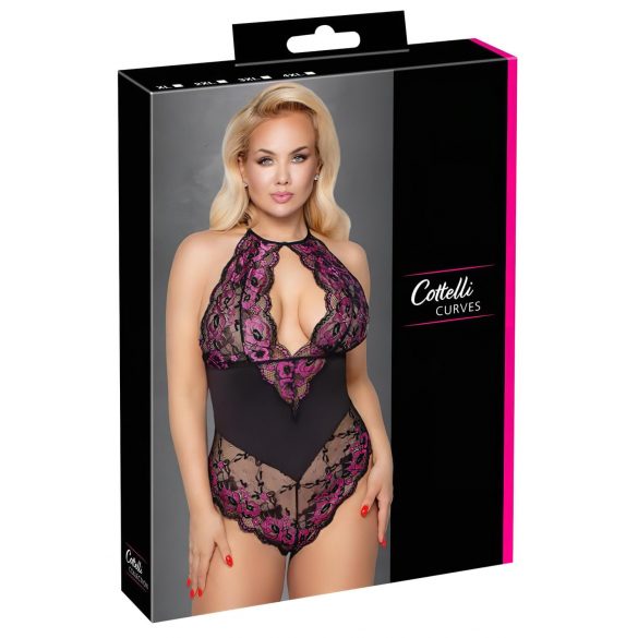 Cottelli Plus Size - bloemen bodysuit (zwart-paars)