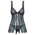 Obsessive Amanta - geborduurde babydoll met string (zwart-turquoise) - L/XL