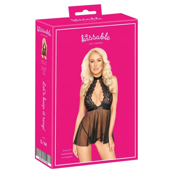 Kissable - halternek, kantwerk babydoll (zwart) - L/XL