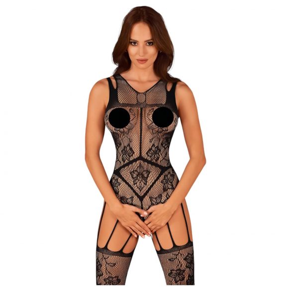 Obsessive - bloemenpatroon open net catsuit (zwart) (S-L)